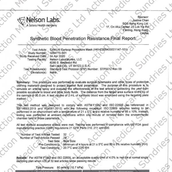 香港口罩- Nelson Labs-Blood Penetration, Flammability test report